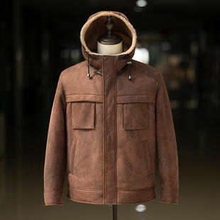 连帽复古皮毛一体男冬季保暖外套简约休闲夹克真皮毛羔羊机车羊皮