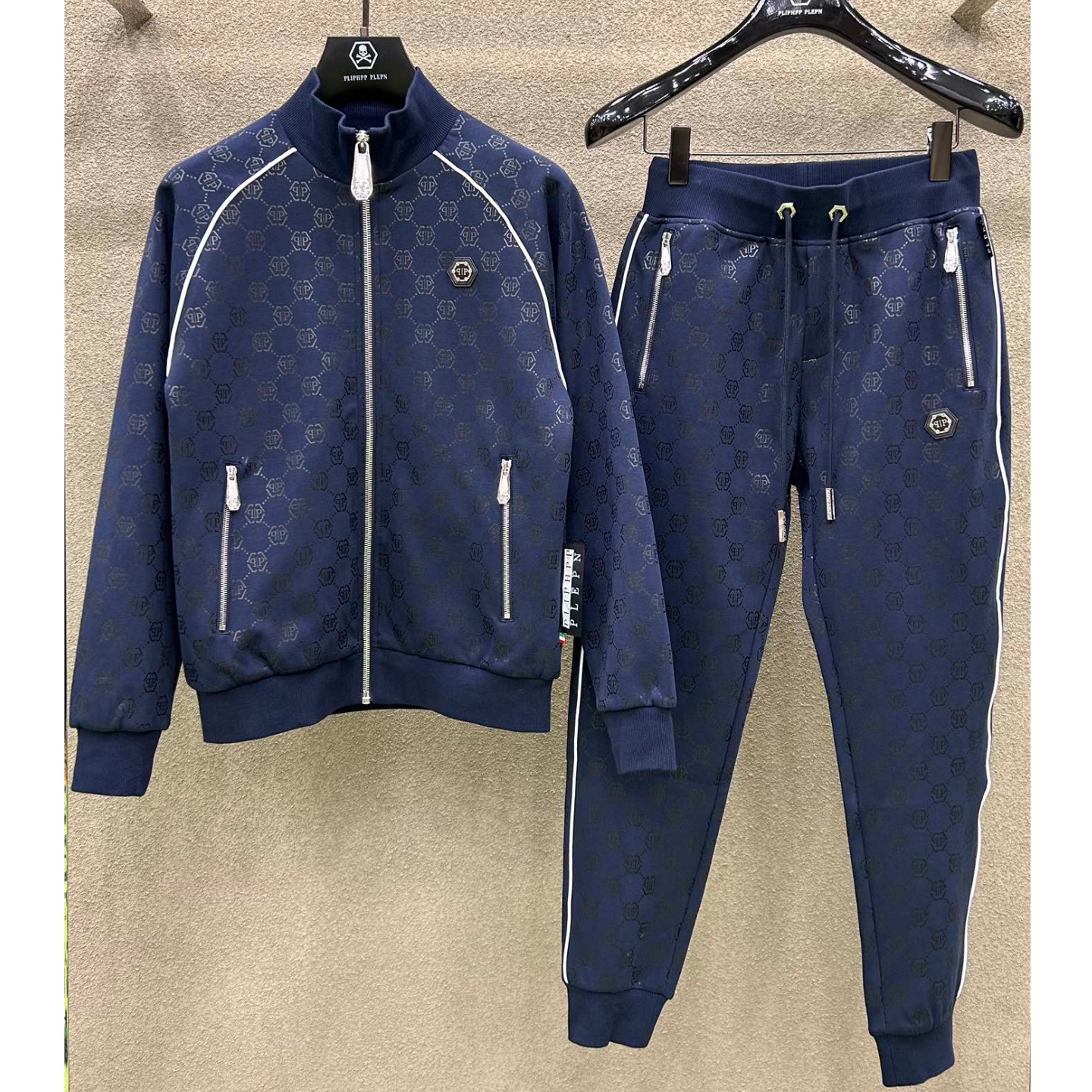 秋冬新款潮牌男装PP高奢满印双P暗纹潮流运动休闲卫衣卫裤2件套装