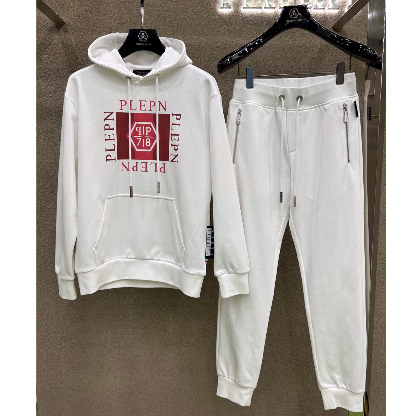 秋冬新款男士PP高奢经典红标纯白休闲运动套装连帽卫衣卫裤两件套