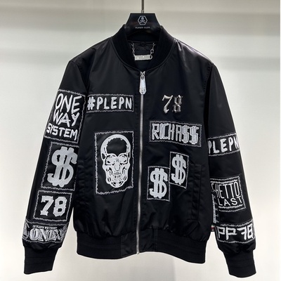 秋冬新款潮牌男士PP字母骷髅头拼皮美金涂鸦时尚休闲风衣夹克外套
