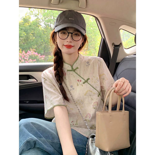 新中式上衣米杏色棉麻碎花衬衫女夏季设计感斜襟盘扣改良唐装小衫