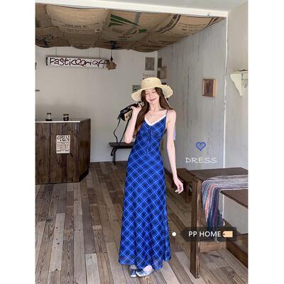 PPHOME蓝色蕾丝拼接格子吊带裙女夏季法式气质V领连衣裙度假长裙