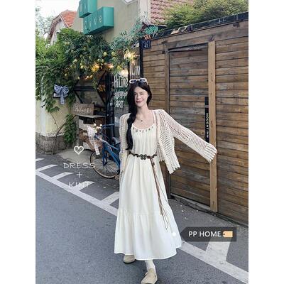 PPHOME薄款镂空长袖针织开衫外套女夏季波西米亚温柔风吊带连衣裙