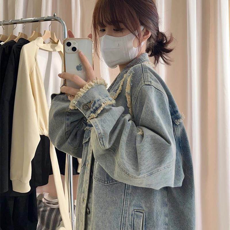 港味复古工装牛仔外套女春秋大码胖妹妹mm显瘦原宿港风夹克上衣潮