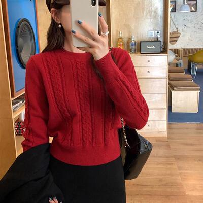 PPHOME红色麻花圆领毛衣女秋季软糯小个子收腰短款针织衫气质上衣