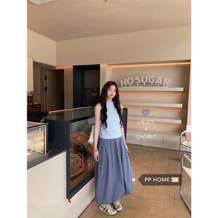 PPHOME蓝色修身显瘦无袖背心上衣女夏季格子半身裙甜美小清新套装