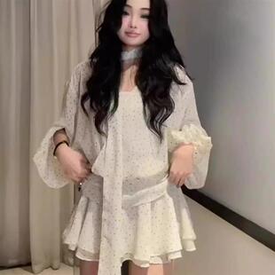 气质收腰显瘦荷叶边短裙子 连衣裙女春夏法式 大码 波点飘带雪纺长袖