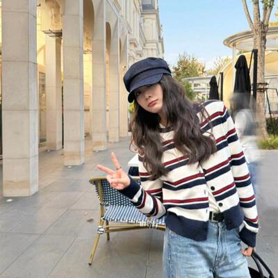 PPHOME经典百搭撞色条纹毛衣外套女秋季学院风miu系圆领针织开衫