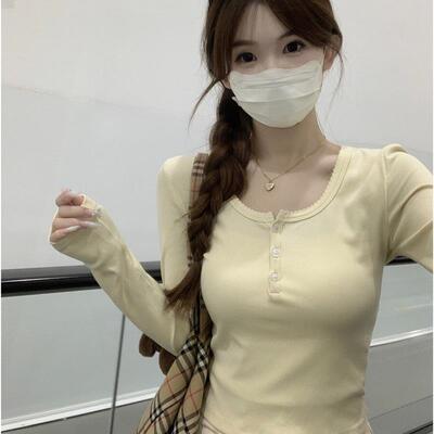 PPHOME温柔bm风圆领纽扣长袖T恤女秋季修身百搭短款打底内搭上衣