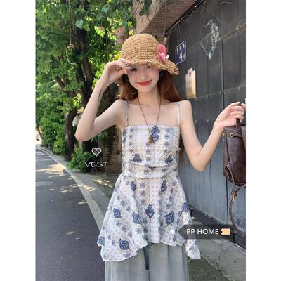 PPHOME民族风覆古印花不规则吊带背心女夏季别致收腰抹胸度假上衣