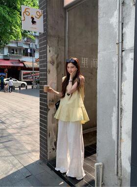 PPHOME韩chic气质V领木耳边黄色背心衬衫女夏季蕾丝阔腿裤两件套