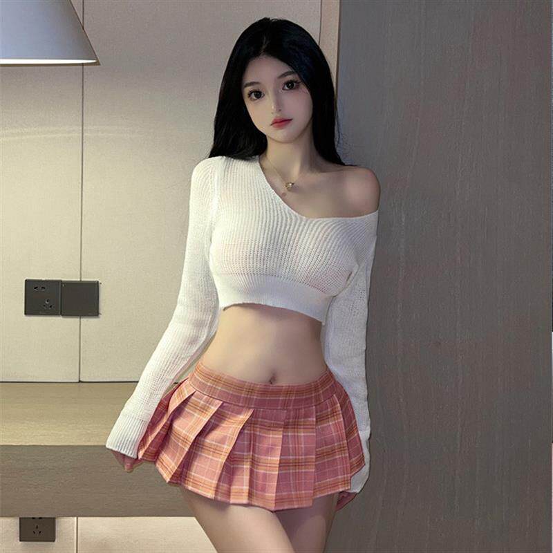 格格家 春季性感纯欲校园制服JKV领显胸露脐T恤+格子百褶裙套装女