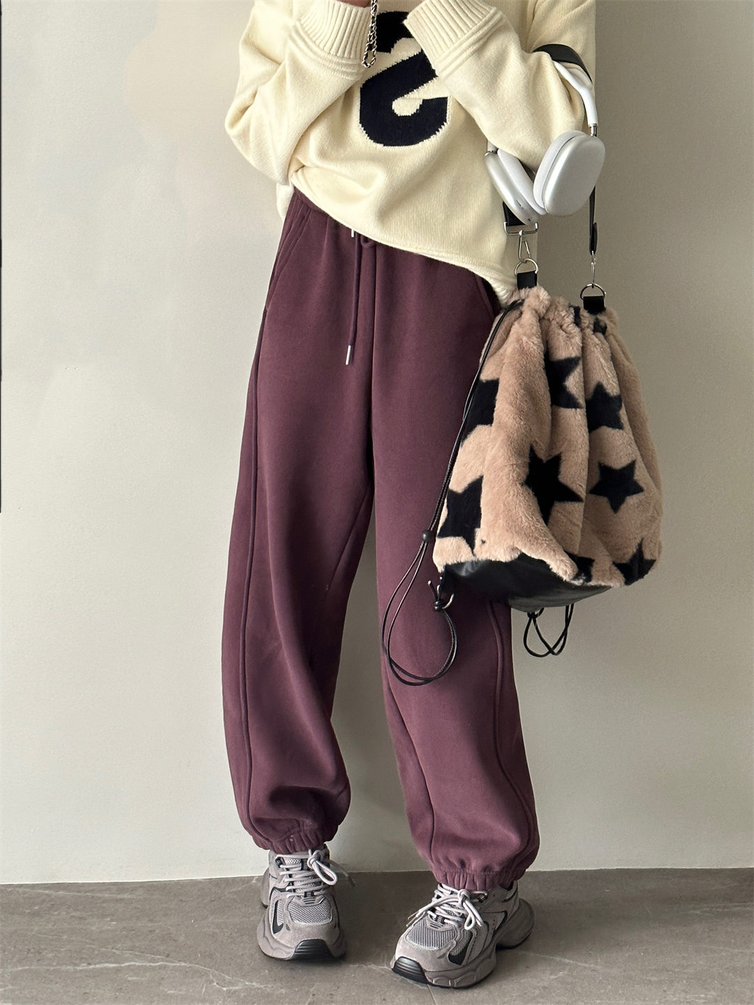 SHINE 冬季新品 简约百搭 宽松显瘦 抽绳松紧腰束脚 五色加绒卫裤