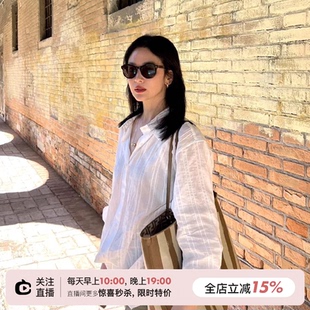 SHINE 春夏新品 宋慧乔同款 微透竖纹理 下摆毛边 防晒长袖衬衫