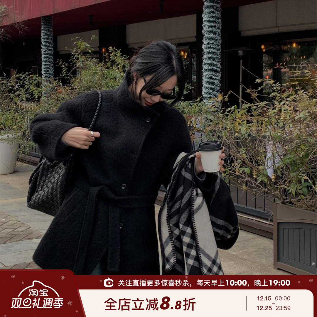 苏丽羊驼毛气质立领大衣外套