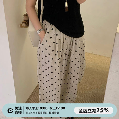 100%亚麻松紧腰波点休闲裤