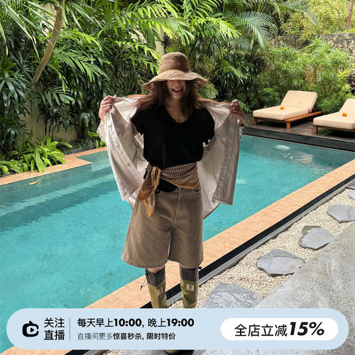 SHINE 春季新品 设计师款 康龙牛仔 高腰直筒两色五分牛仔短裤