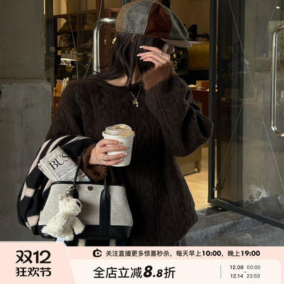 牦牛绒三色圆领套头针织毛衣