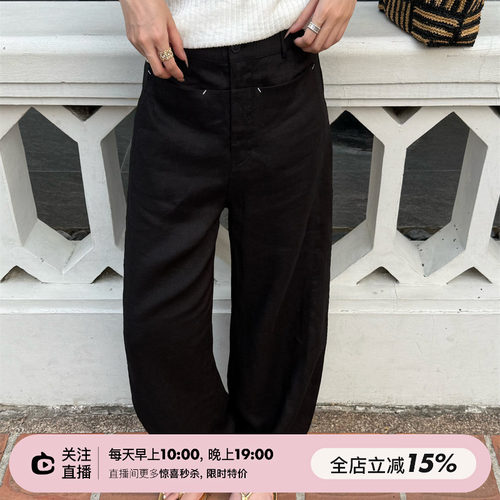 轻薄亚麻阔腿两色弯刀休闲裤