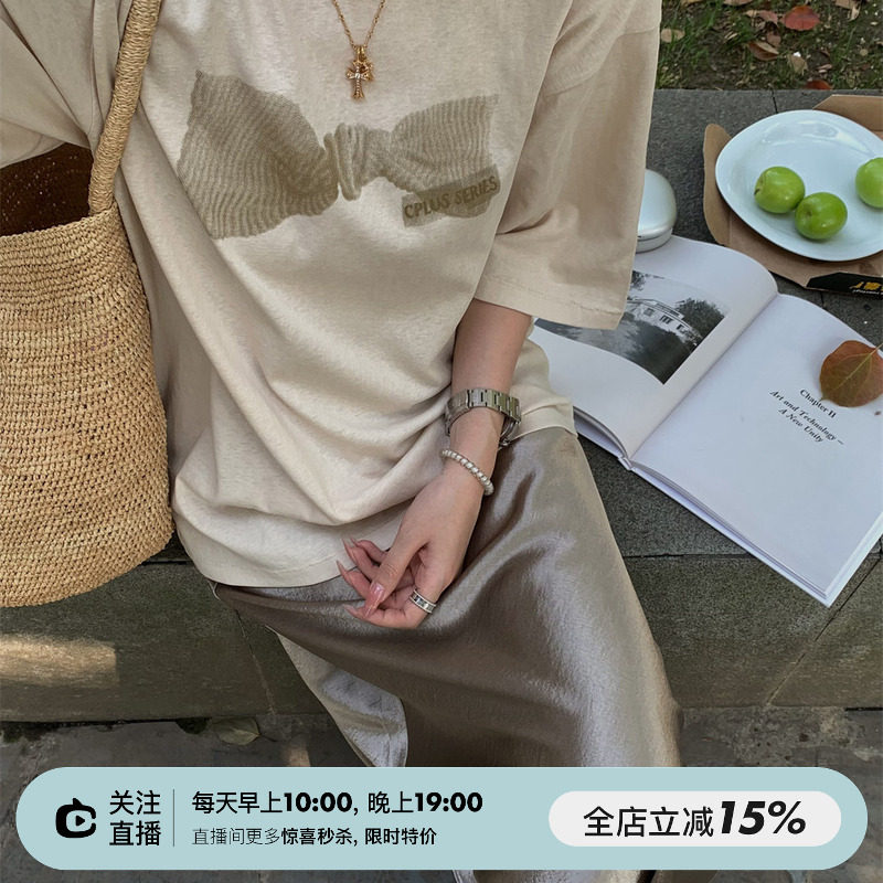 SHINE 夏日新品 小众设计师款 蝴蝶结印花 肤感棉质 圆领短袖T恤