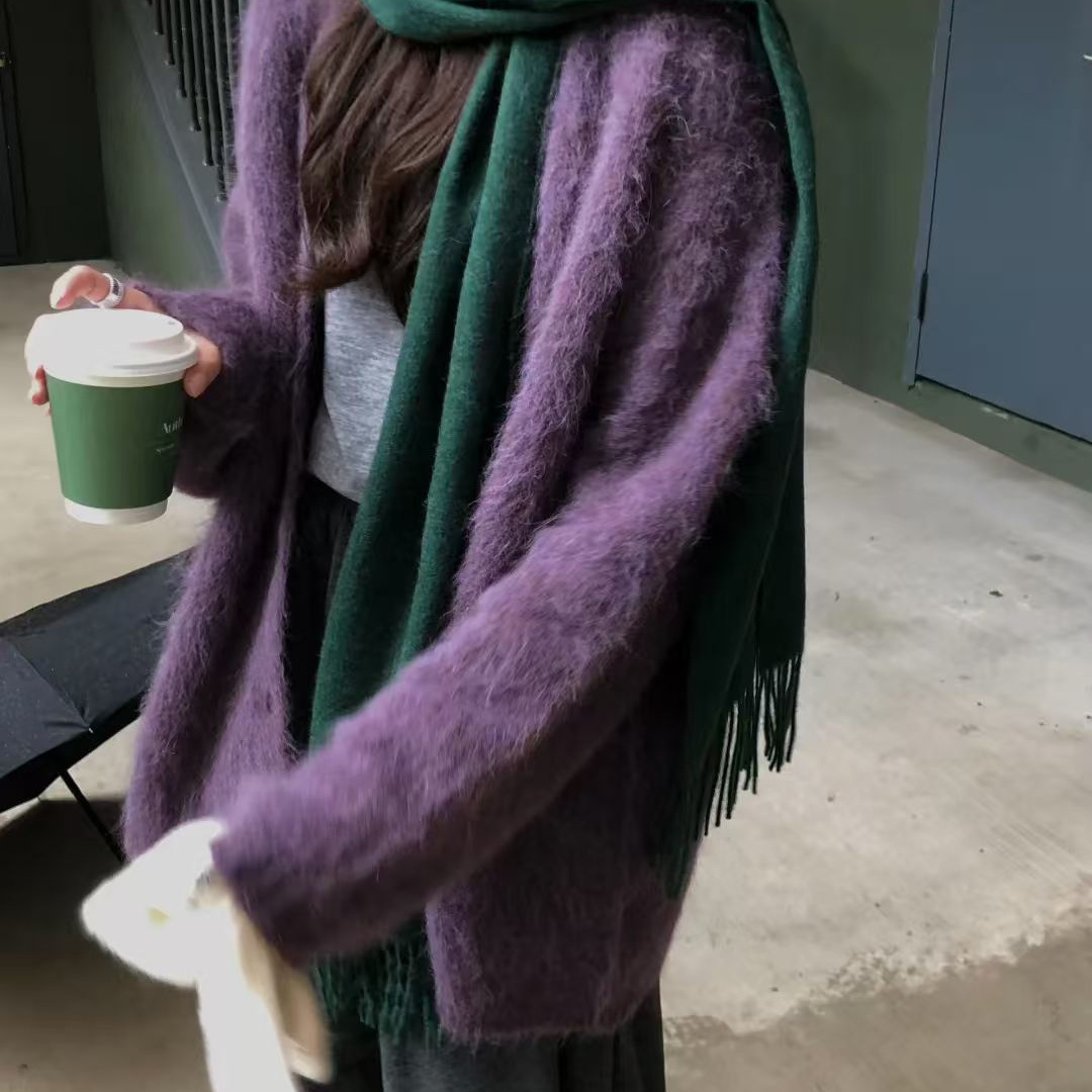 苏丽羊驼毛两色开衫毛衣外套