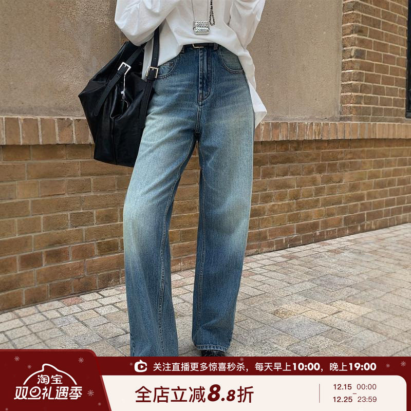 复古水洗蓝高腰直筒牛仔裤