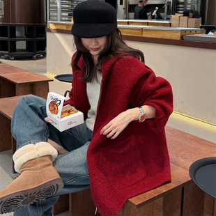 SHINE 韩国面料 节日氛围感 时髦慵懒 苏丽羊驼毛连帽大衣外套