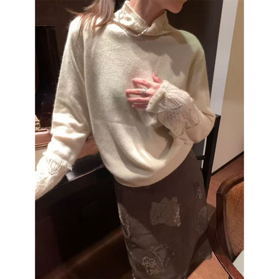 镂空钩花半高领针织衫毛衣