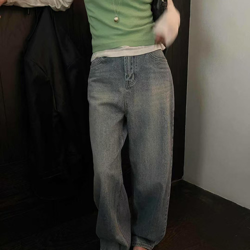 宽松直筒高腰牛仔裤长裤