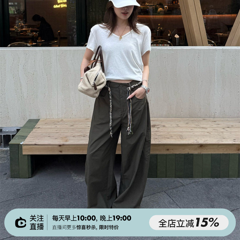 SHINE 纸皮工装裤！ 复古口袋 手工编织腰绳 高腰直筒弯刀休闲裤