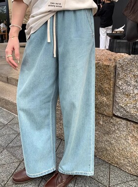SHINE 贵货自留 清爽随性 复古水洗浅蓝 抽绳松紧腰 阔腿牛仔裤