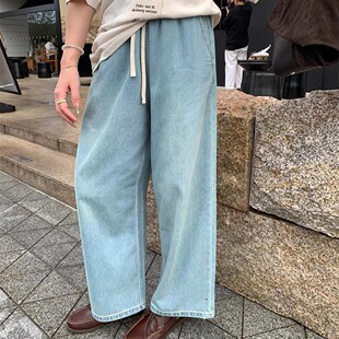 贵货自留 阔腿牛仔裤 清爽随性 抽绳松紧腰 复古水洗浅蓝 SHINE