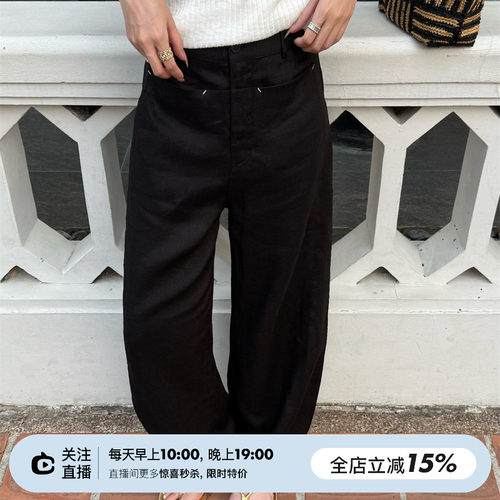 轻薄亚麻阔腿两色弯刀休闲裤