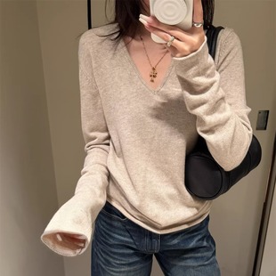 SHINE 冬季新品 极简慵懒风 山羊绒 V领百搭宽松两色针织衫上衣