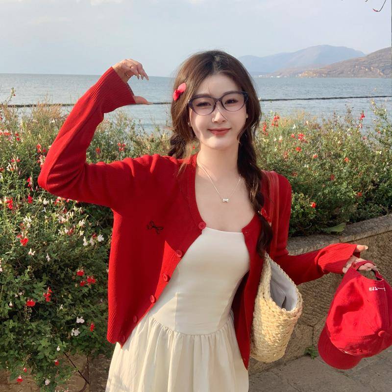 苏三三 冰丝开衫配吊带裙子女夏季复古红色防晒罩衫针织外套上衣