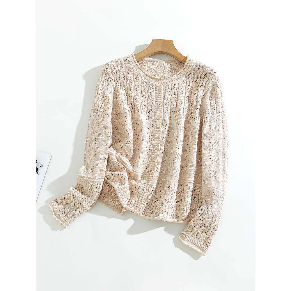 韩系镂空圆领针织开衫女春秋复古文艺外搭宽松短款棉线薄毛衣外套