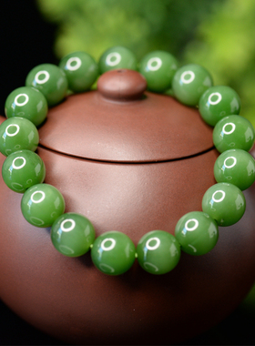 典藏和田玉碧玉俄料7号矿老料粉绿猫眼荧光料12毫米男女款藏收级