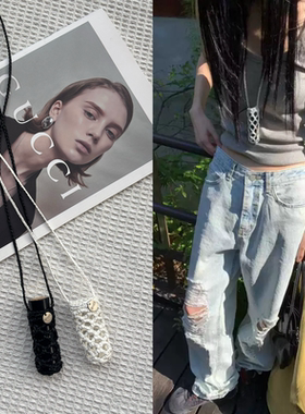 韩系2026夏季拉菲棉草手工钩织镂空口红包挂件项链女时尚挂脖装饰