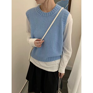 秋冬韩系简约圆领无袖针织马甲女宽松显瘦百搭毛衣背心2025
