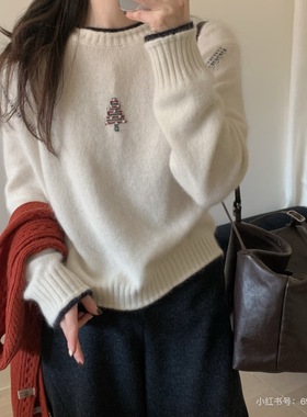 YZY 极简圆领套头浣熊手工绣花毛衣女秋冬2025新款高级感图案上衣