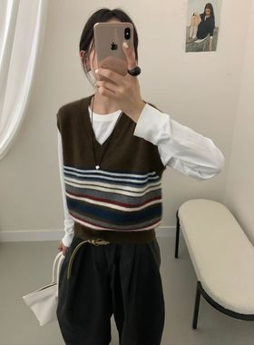 YZY 咖色彩虹条纹V领浣熊毛衣背心女2025秋冬套头羊毛马甲上衣新