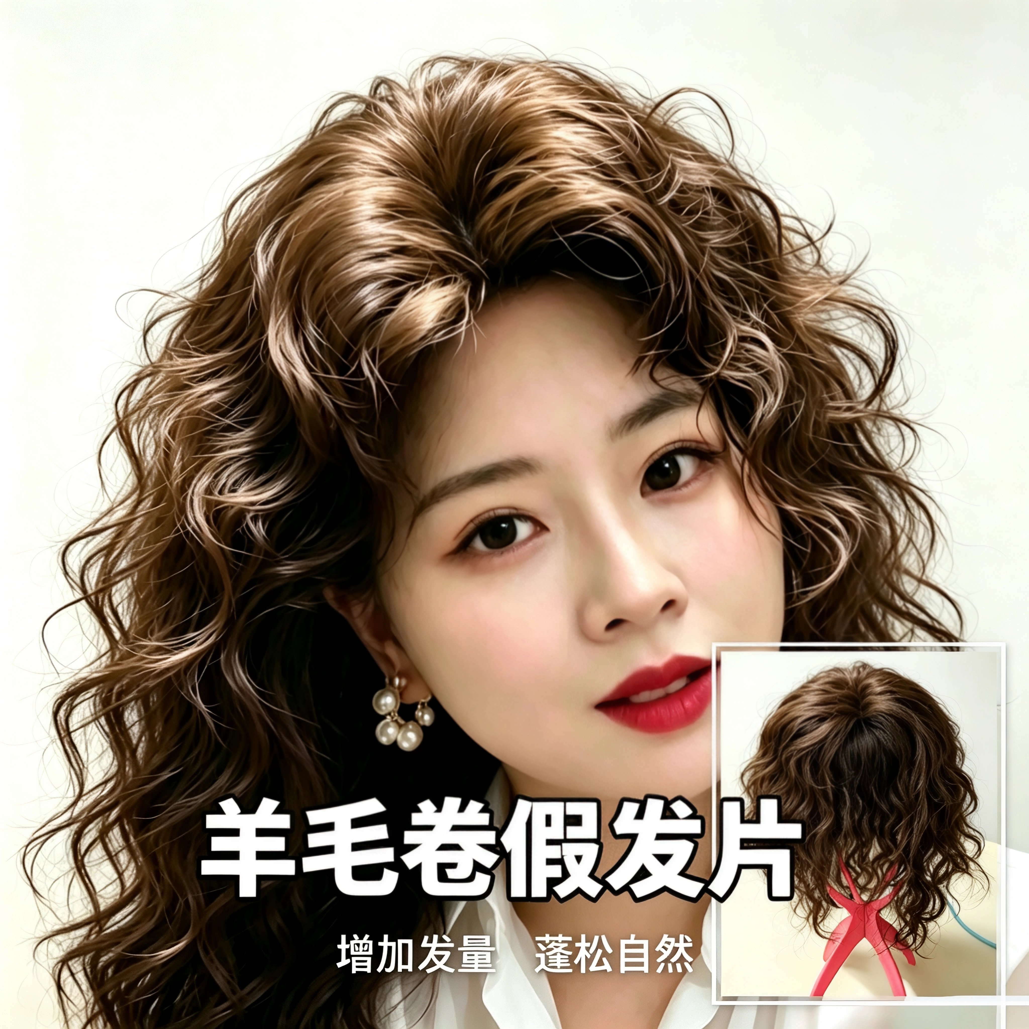 蓬松玉米须羊毛卷假发片假发女片头顶补发块真发短卷发无痕遮白发