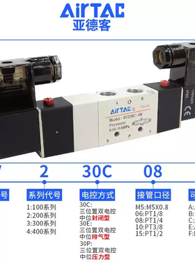 亚德客4V230C-08 4V330C-10中封电磁阀三位五通中封电磁阀 DC24V