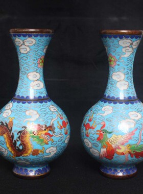 铜器收藏民俗老物件复古怀旧纯铜摆件 彩绘景泰蓝龙凤花瓶 天球瓶