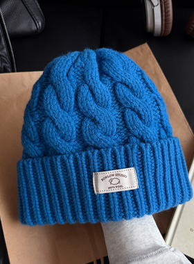 TAAK蓝色100%羊毛麻花针织帽子女冬天加厚大头围显脸小护耳毛线帽