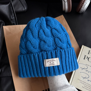 TAAK蓝色100%羊毛麻花针织帽子女冬天加厚大头围显脸小护耳毛线帽