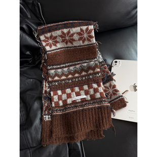 TAAK设计师款 费尔岛提花毛边羊毛混纺围巾女保暖针织毛线围脖冬季