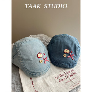 可爱苹果牛仔前进帽子女春夏天丹宁风蝴蝶结鸭舌贝雷帽百搭画家帽