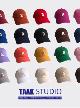 港风ins纯棉R字母棒球帽男女学生情侣弯檐运动帽子韩版百搭鸭舌帽