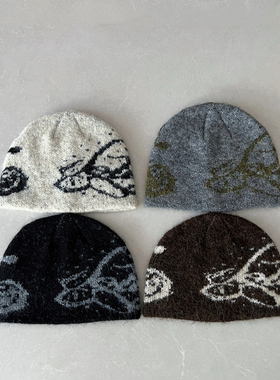 TAAK新款蝴蝶提花毛线帽子女秋冬天保暖套头帽显脸小针织帽护耳帽